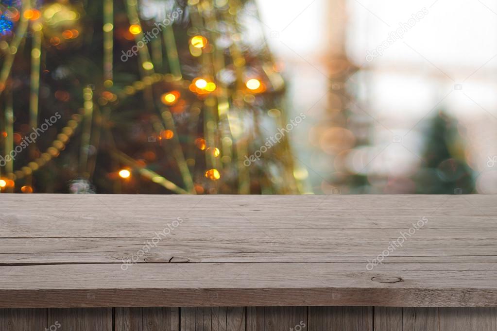 Christmas holiday or party background with empty wooden deck tab