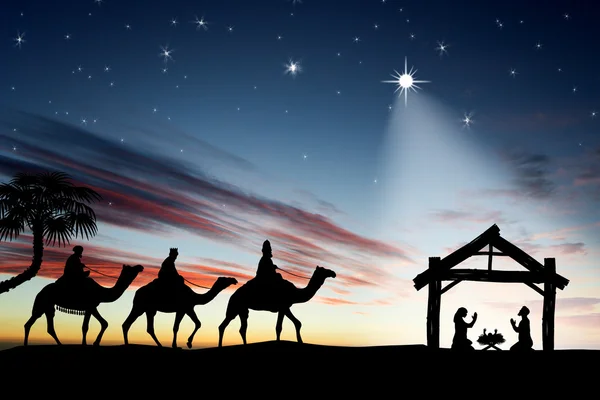 Traditional Christian Christmas Nativity scene with the three wise men. — Stock Photo, Image