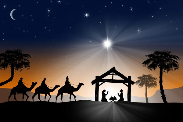 Tradizionale presepe natalizio cristiano con i tre saggi. Foto Stock Royalty Free