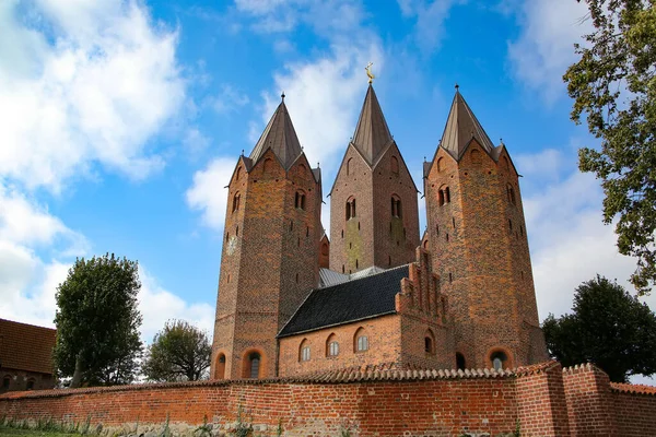 デンマークのカルンドボーにある聖母教会 赤レンガ造りの教会には5つの特徴的な塔があり 丘の上にあり 町で最も印象的なランドマークとなっています 壁や庭園に囲まれて — ストック写真