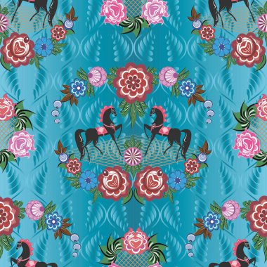 Folk Rus modellerine sahip kusursuz vektör arkaplanı bilgisayar grafikleridir ve çeşitli tasarım projelerinde tekstil tasarımında kullanılabilir.