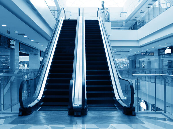 A close-up of mall escalators