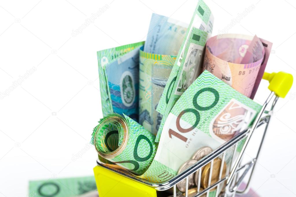 Australian Dollar banknotes on white background