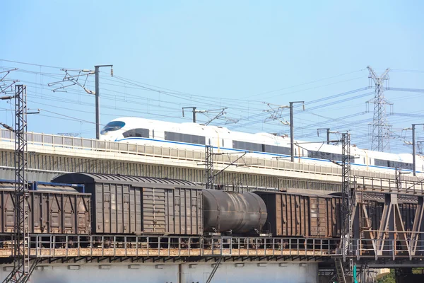 Train cars and high-speed rail — Stock Photo, Image