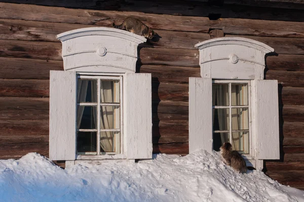 Window of a wooden house in the village — Stock Photo, Image