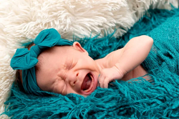 Newborn baby 2 weeks old in blue fluffy blanket — Stock Photo, Image