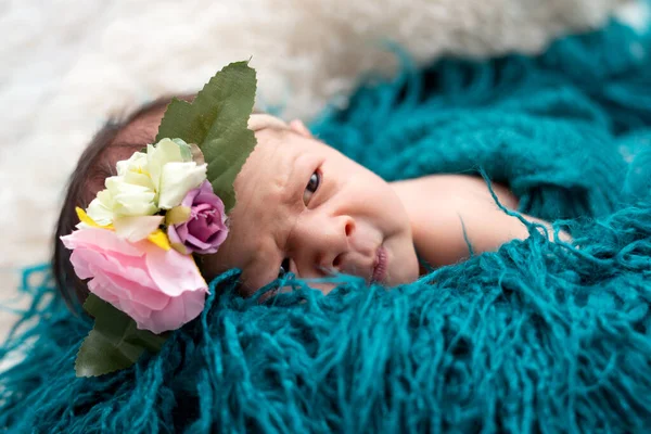 新生児2週齢で青ふわふわ毛布 — ストック写真