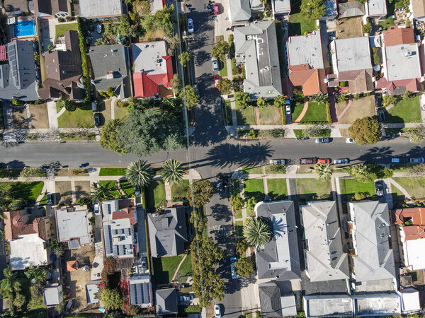 Aerial top view above Mid-City neighborhood in Central Los Angeles, California. USA