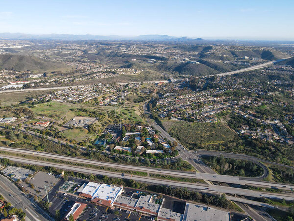 Aerial view of highway in Carmel Mountain neighborhood.. San Diego County, California.