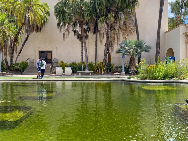Staw wodny na pierwszym planie z rybami w Balboa Park, San Diego, USA — Zdjęcie stockowe