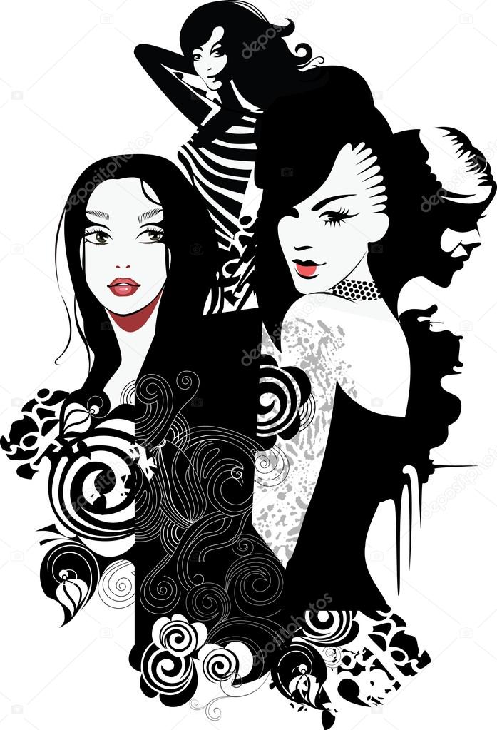 Vettore Volti Femminili Bianco E Nero Composizione Bianco