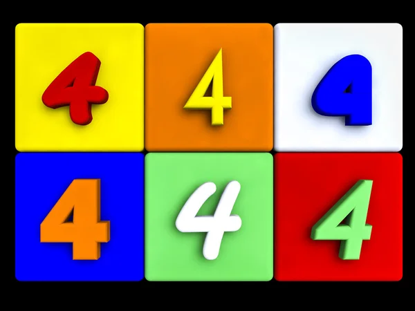 Różne numery 4 kolorowe kostki — Zdjęcie stockowe