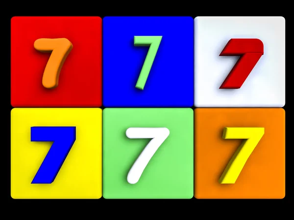 Różne numery 7 na kolorowe kostki — Zdjęcie stockowe