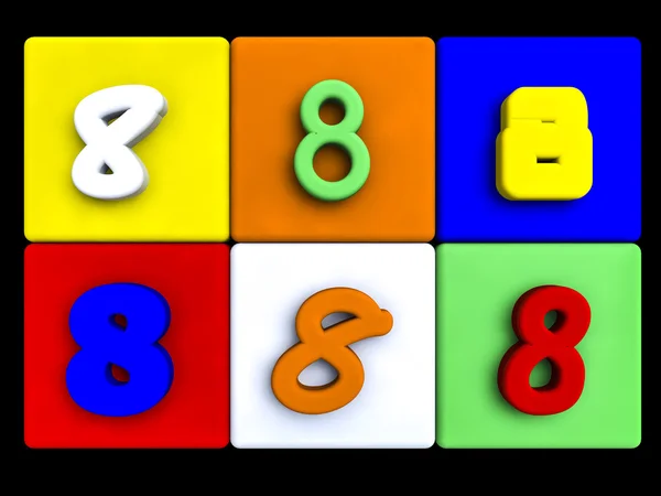 Různé čísla 8 barevných kostek — Stock fotografie