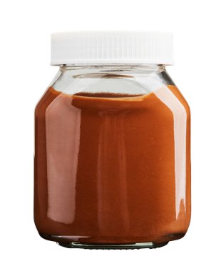 Beyaz arka planda izole edilmiş, kırpma yolu olan boş çikolata kreması şişesi. 350 bin.