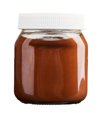 Beyaz arka planda, kırpma yolu ile izole edilmiş boş çikolata kreması şişesi.