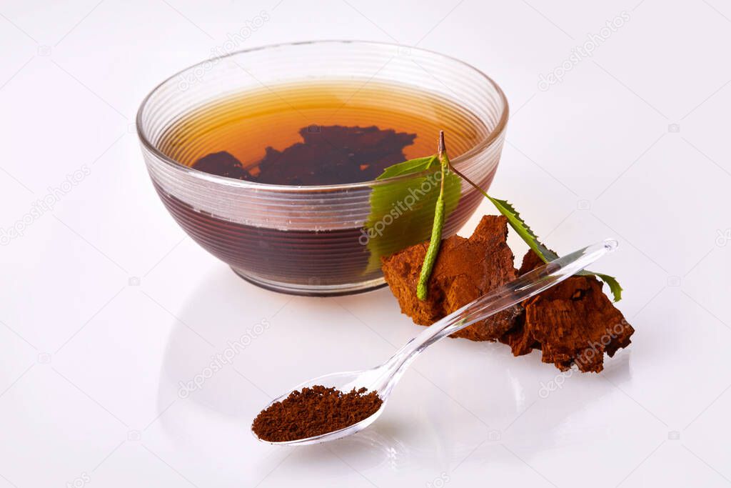 Natural hot Chaga mushroom tea in a glass bowl isolated on white background, close up. Inonotus Obliquus. 