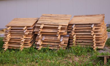 Stacks of wooden snail boards for Edible snails, Helix Aspersa Muller, Maxima Snail, Organic Farming, Snail Farming. Production of Snails