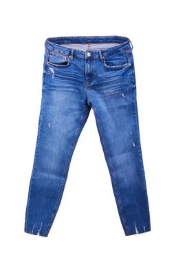 Fashionable denim blue jeans isolated on white background. Beautiful casual trousers. Stylish jeans pants on white background