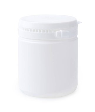 Round white matte plastic jar (bottle) with lid isolated on a white background with clipping path.