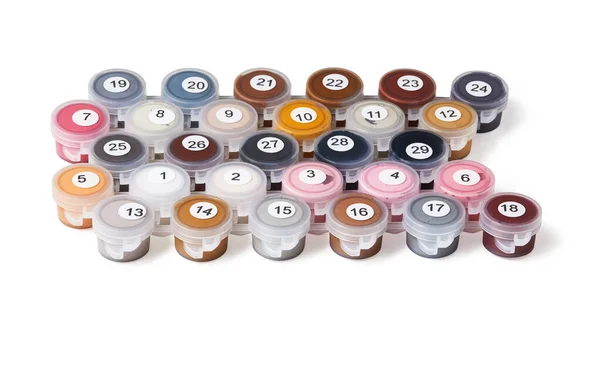 Set Pastel Acrylic Paints Small Plastic Cans Numbers Isolated White — Stok fotoğraf