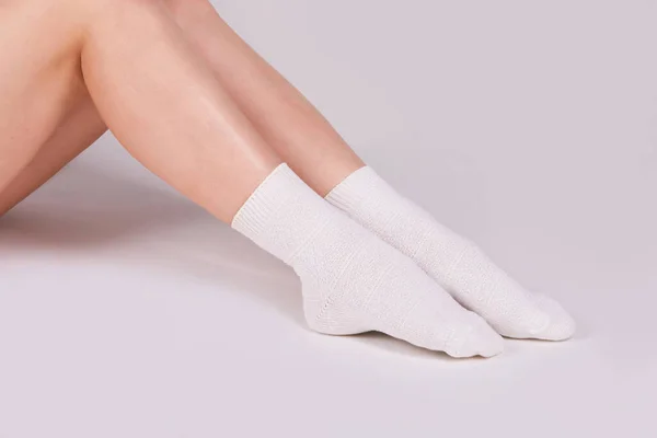 Female Legs White Cotton Socks White Background Ladies Wearing Sports — Foto de Stock