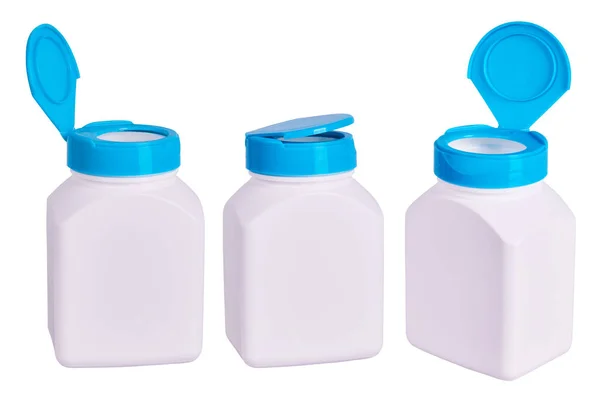 White Blank Medical Plastic Bottle Blue Lid Isolated White Background — Stok fotoğraf