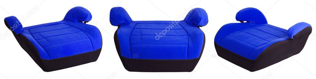 Safety booster seat for children, blue car seat isolated on white background with clipping path. Set of children's car seats