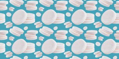 Mavi arka planda, coşkun tablet haplarının kusursuz deseni. C vitamini çözünebilir haplar. Fizzy C vitamini dokusu