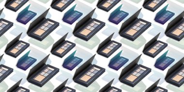 Beyaz arka planda göz falı, göz gölgesi kozmetik ürünü, kusursuz desen. Moda blog tasarımı. 