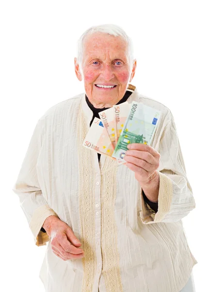 Mujer mayor feliz por sus ahorros sonriendo —  Fotos de Stock