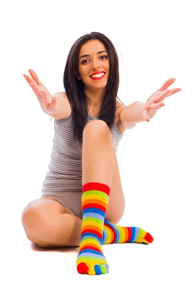 Lady hugging saying welcome — Stock Photo, Image