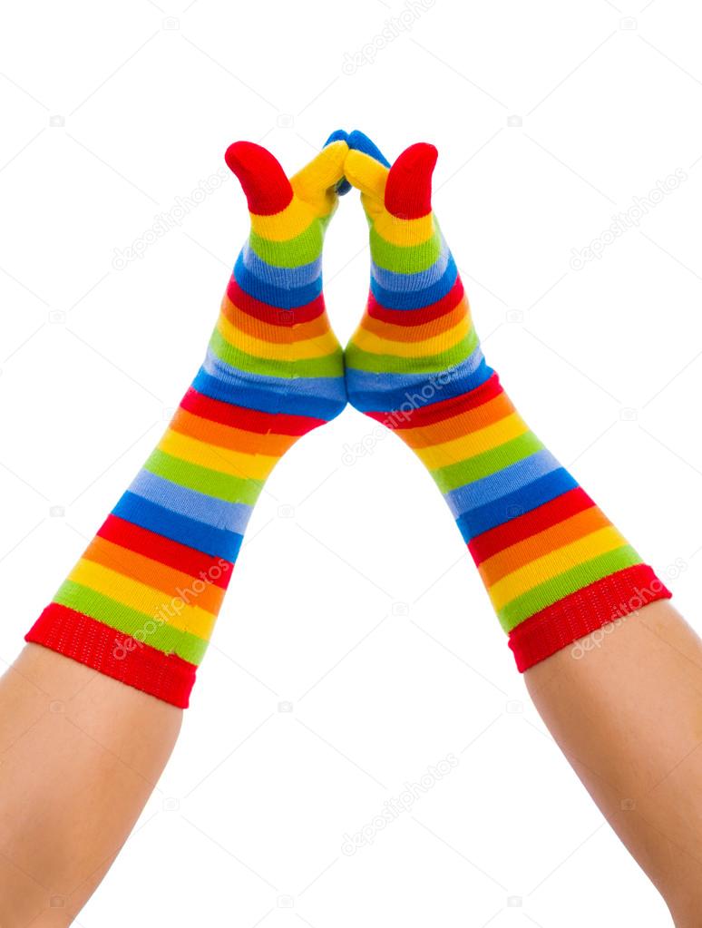 Childish colorful happy striped sock playing