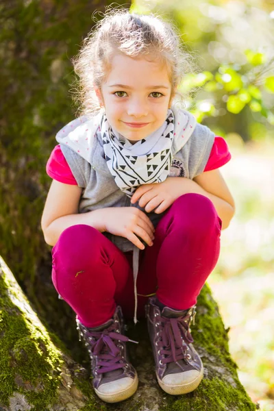 Niedliches kleines Mädchen sitzt auf einem drei — Stockfoto