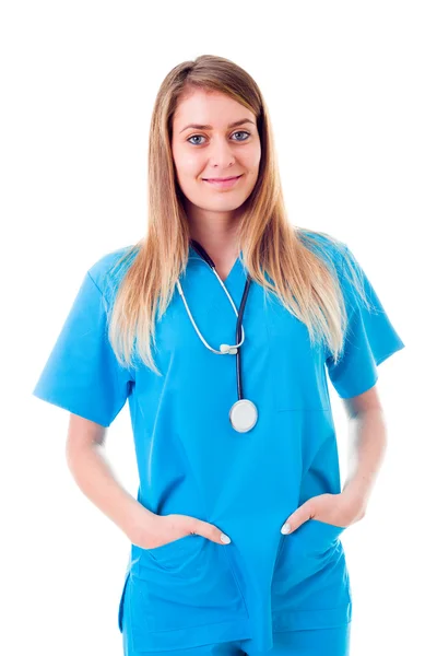 Médecin avec stéthoscope debout et forge — Photo