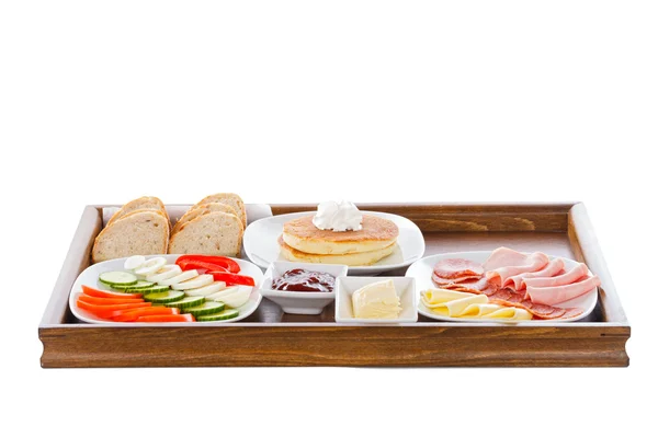 Continental Breakfest on wooden plate — Stock Photo, Image