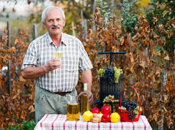 Happy elderly man with crops — Stock Photo, Image