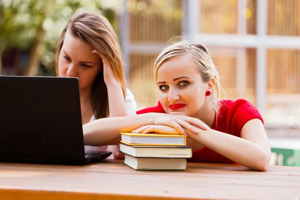 Girl friends outdoors preparing studying — Stock Photo, Image