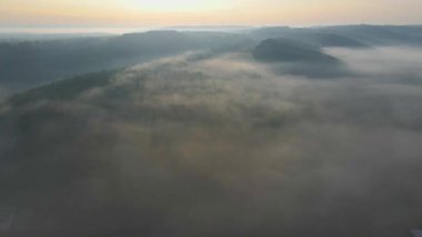 Güneşin sisli doğuşunun havadan görünüşü. Sabahları ormanın üzerinde uçmanın muhteşem manzarası. Sihirli sis. Hava atışı, 4K