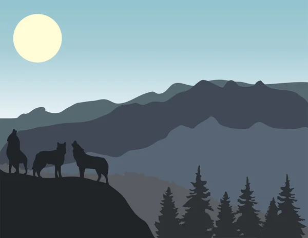 Paysage de montagnes avec des loups — Image vectorielle