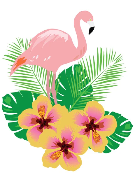 Flamingo med tropiska blommor — Stock vektor
