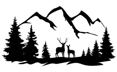 vector illustration of deer in the wilderness, mountains, forest background. clipart