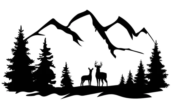 Vector Illustration Deer Wilderness Mountains Forest Background — Stock Vector