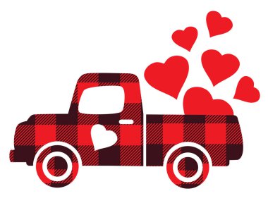 Vector illustration of a buffalo plaid truck with red hearts. vector