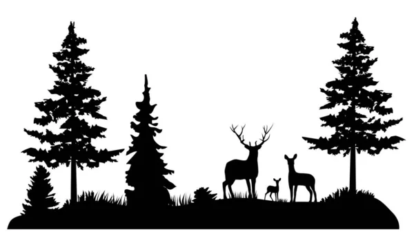 Vector Illustration Deer Family Silhouette Deer Woods — Stock Vector
