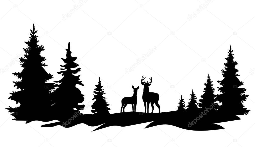 vector illustration of a deer family silhouette, deer in the woods.