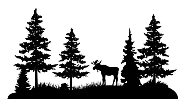 Illustration Vectorielle Une Silhouette Orignal Dans Forêt Pins — Image vectorielle