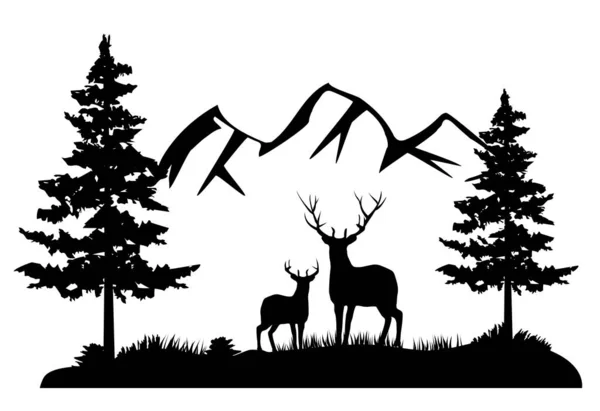 背景に山のある森の鹿の家族のベクトル図 — ストックベクタ