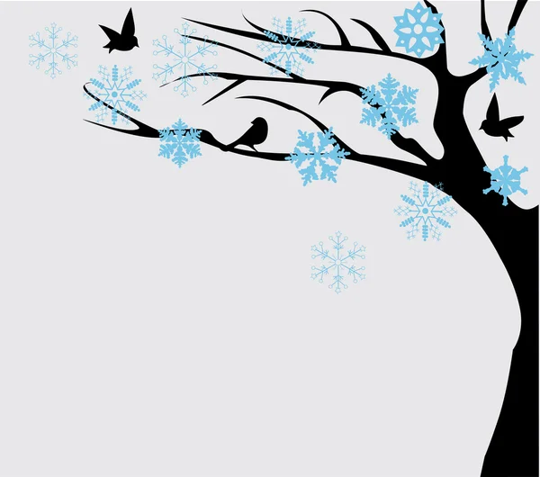 Albero degli uccelli con fiocchi di neve — Vettoriale Stock