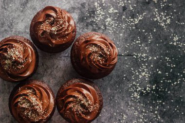 Lezzetli çikolatalı kekler. Kekler beton masada. Çikolatalı bisküvi ve çikolatalı ganache.